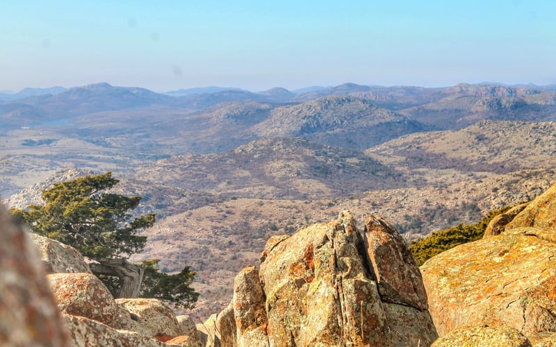 Wide view of the Wichita Mountains range from the summit
